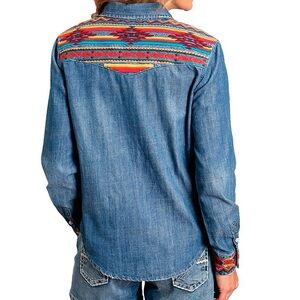 NWT Stetson Embroidered Southwestern Pattern Denim Button Down Shirt